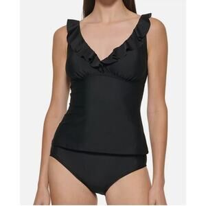 NEW DKNY Black Tankini Top Size Small Ruffle V-Neck Ruched Shirred swimsuit NWT